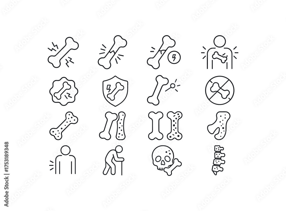 Fototapeta premium vector icon line bone pain and osteoporosis 16 items isolated on white background