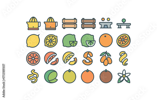 of vector colored flat icons. outline stroke user interface simple colored icons style Fruits (citrus) juicer on juicer off crate open crate closed sorter active sorter inactive lemon whole
