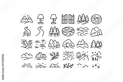 of vector outline icons. outline stroke user interface icons style on clean white background Winter (landscapes) lamp on lamp off gate open gate closed trail active trail inactive snowy