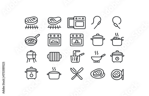 of vector outline icons. outline stroke user interface icons style on clean white background Meat (cook methods) grill on grill off door open door closed probe active probe inactive sear