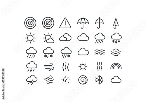 of vector outline icons. outline stroke user interface icons style on clean white background Weather (sky states) radar on radar off advisory active advisory inactive umbrella open umbrella