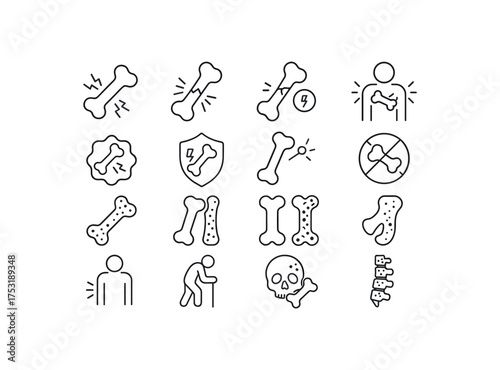 vector icon line bone pain and osteoporosis 16 items isolated on white background