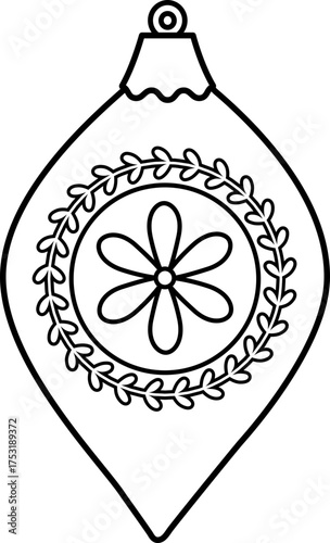 Christmas ornament ball with floral pattern outline.
Retro Christmas tree ornament Children's coloring page.
Transparent background.
