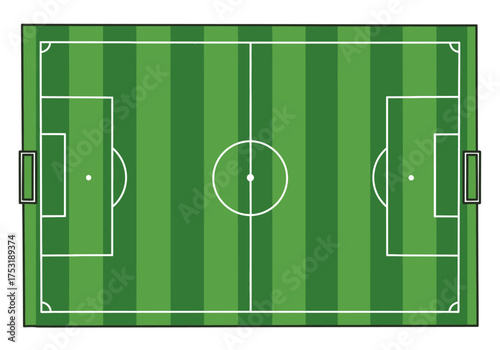 Aerial View of a Striped Green Football Soccer Field Pitch Layout with Goals and Markings Vector Illustration
