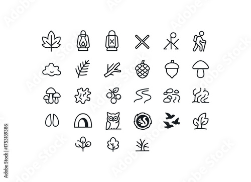 of vector outline icons. outline stroke user interface icons style on clean white background Autumn (forest) lamp on lamp off path open path closed hike active hike inactive moss patch fern