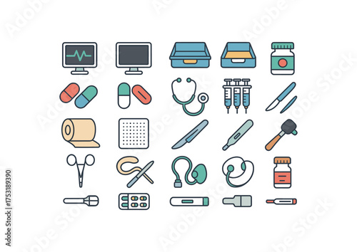 of vector colored flat icons. outline stroke user interface simple colored icons style Healthcare (tools) monitor on monitor off tray open tray closed intake active intake inactive
