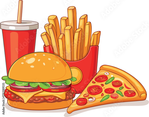 Cartoon vector illustration of a fast food set including hamburger, pizza, fries, soda drink, and other meal iconsCartoon vector illustration of a fast food set including hamburger, pizza, fries, soda