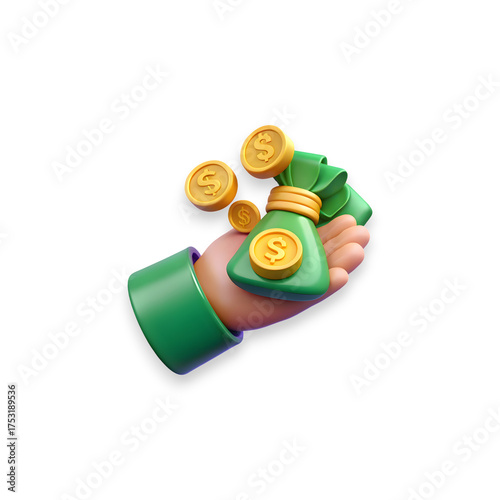 Hand holding money bag with flying coins symbolizing wealth and fortune