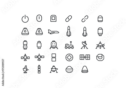 of vector outline icons. outline stroke user interface icons style on clean white background Space (craft) power on power off hatch open hatch closed active inactive crew capsule cargo