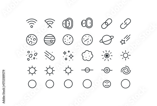 of vector outline icons. outline stroke user interface icons style on clean white background Space (bodies) sensor on sensor off hatch open hatch closed active inactive rocky planet gas