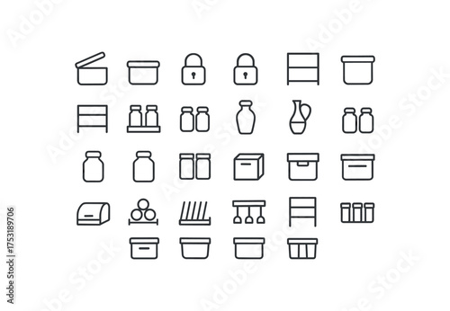 of vector outline icons. outline stroke user interface icons style on clean white background Kitchen Tools (storage) lid open lid closed lock on lock off shelf active shelf inactive spice