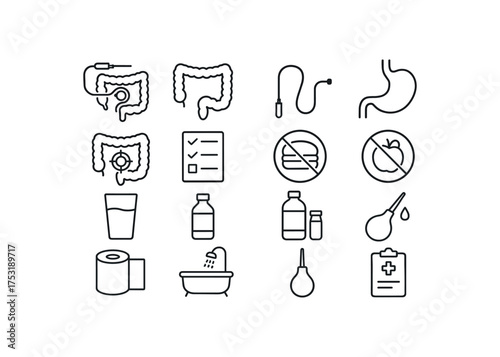 vector icon line endoscopy and colonoscopy prep 16 items isolated on white background
