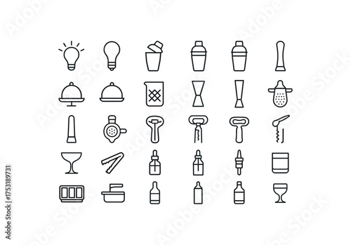of vector outline icons. outline stroke user interface icons style on clean white background Beverages (barware) light on light off shaker open shaker closed service active service inactive