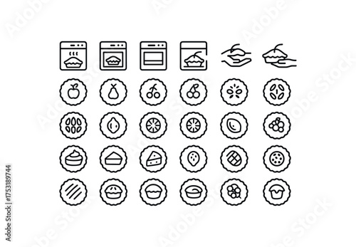 of vector outline icons. outline stroke user interface icons style on clean white background Desserts (pies) oven on oven off tray open tray closed serve active serve inactive pie pear pie