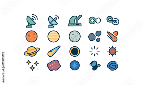 of vector colored flat icons. outline stroke user interface simple colored icons style Space (bodies) sensor on sensor off hatch open hatch closed active inactive rocky planet gas giant
