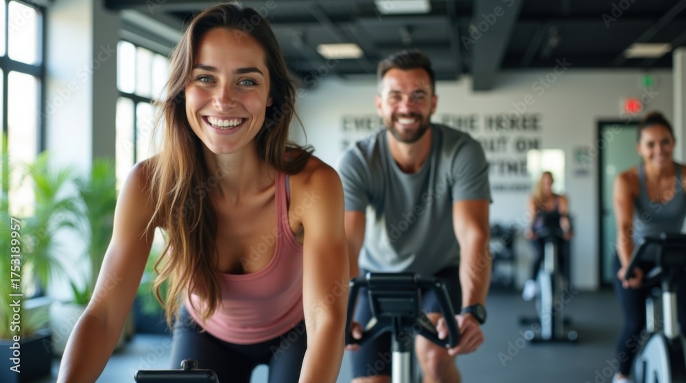 © Leonardo - Mujer y hombre alegres montando bicicletas estáticas en un gimnasio luminoso, sonriendo y concentrados en el fitness y un estilo de vida saludable