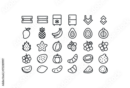 of vector outline icons. outline stroke user interface icons style on clean white background Fruits (tropical) crate open crate closed chiller on chiller off sort active sort inactive mango
