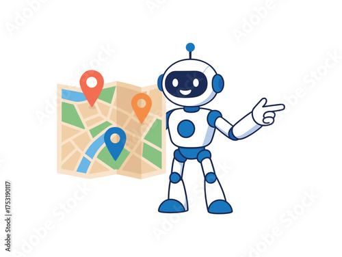 Flat vector illustration for UI UX design helpful robot assistant holding large map with navigation pins while gesturing towards direction.White background clean modern flat style bright