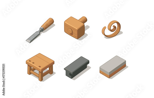 isometric icon items isolated on white background steel chisel wooden mallet wood chip workbench edge guard sharpening stone