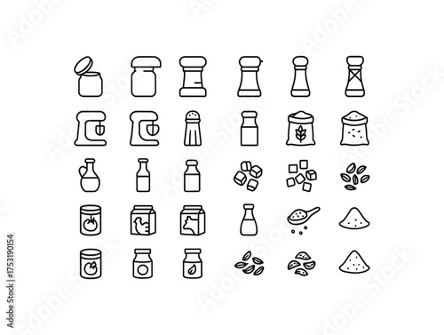 of vector outline icons. outline stroke user interface icons style on clean white background Food (ingredients) jar open jar closed mill on mill off mixer active mixer inactive sea salt