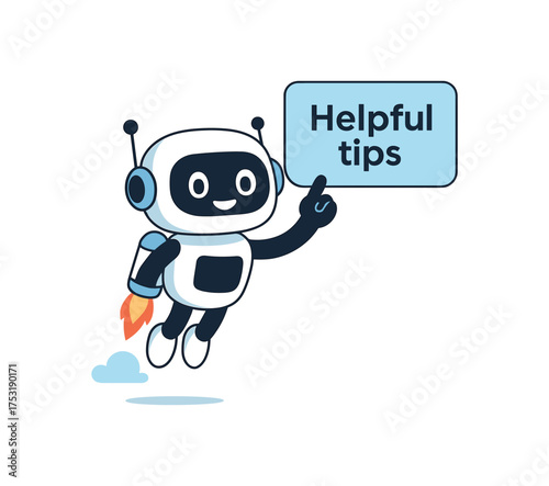 Flat vector illustration for UI UX design cheerful robot assistant character flying with small jetpack carrying floating message bubble with helpful tips.White background clean modern