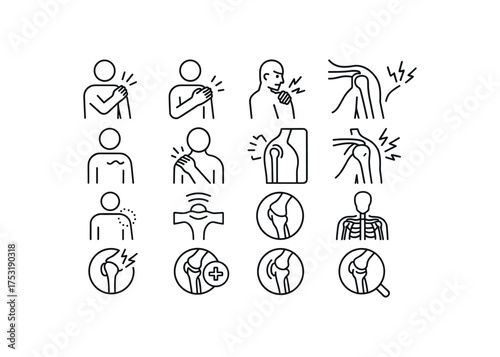 vector icon line shoulder pain and rotator cuff 16 items isolated on white background