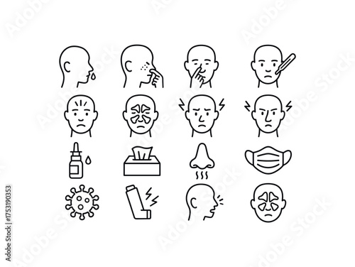 vector icon line nasal congestion and sinus pressure 16 items isolated on white background