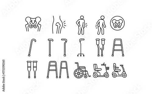 vector icon line hip pain and mobility aid 16 items isolated on white background