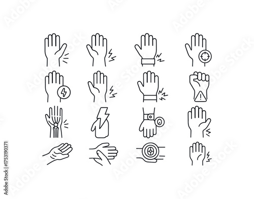vector icon line wrist pain and carpal tunnel 16 items isolated on white background