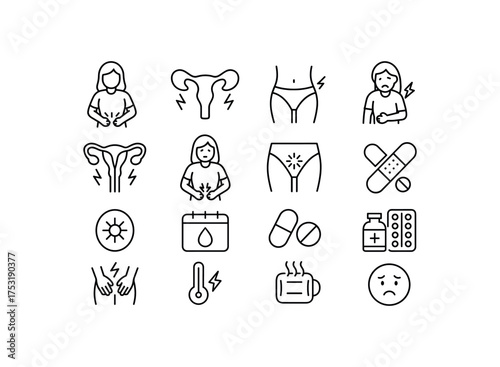 vector icon line pelvic pain and cramps 16 items isolated on white background