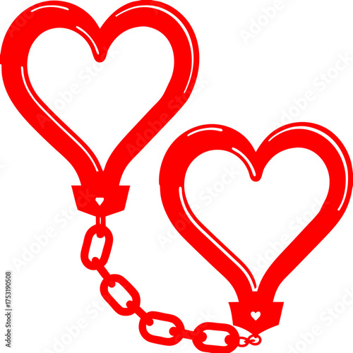 Two red heart shaped handcuffs illustration. Love bond and relationship symbol, romantic passion and connection concept for Valentine’s Day artwork design