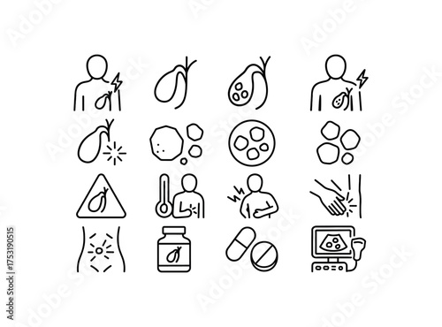 vector icon line gallbladder colic and gallstones 16 items isolated on white background