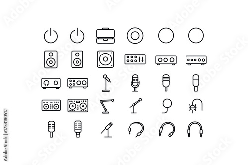 of vector outline icons. outline stroke user interface icons style on clean white background Music (audio gear) power on power off case open case closed record active record inactive studio