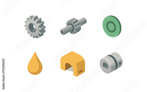 isometric icon items isolated on white background bevel gear tapered teeth shaft coupling alignment dot grease drop guard cover