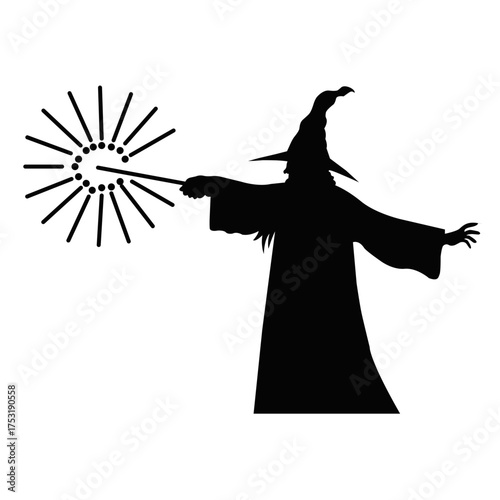 Silhouette of wizard casting magic spell with wand. Fantasy magician illustration, sorcerer character and mystical power artwork design