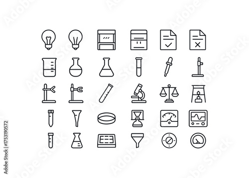 of vector outline icons. outline stroke user interface icons style on clean white background Education (science) light on light off hood open hood closed test active test inactive beaker