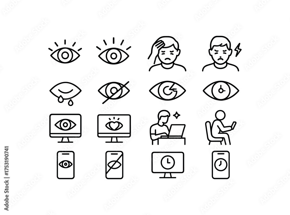 vector icon line eye strain headache and screen time 16 items isolated on white background