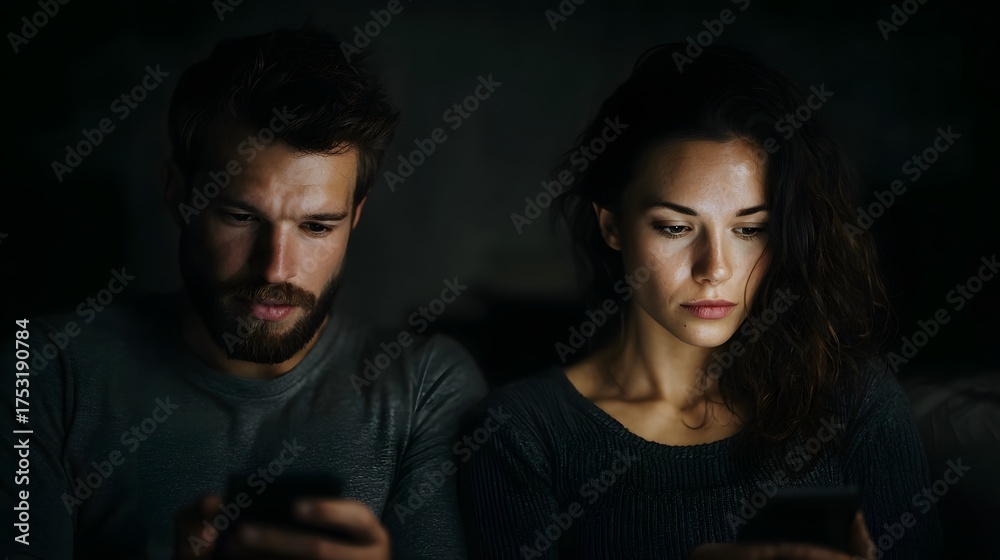 Obraz premium A couple sits in a dark room absorbed in their mobile phones showcasing digital disconnect and unspoken tension in their relationship