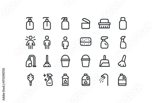 of vector outline icons. outline stroke user interface icons style on clean white background Products (cleaning) pump on pump off lid open lid closed work active work inactive sponge scrub