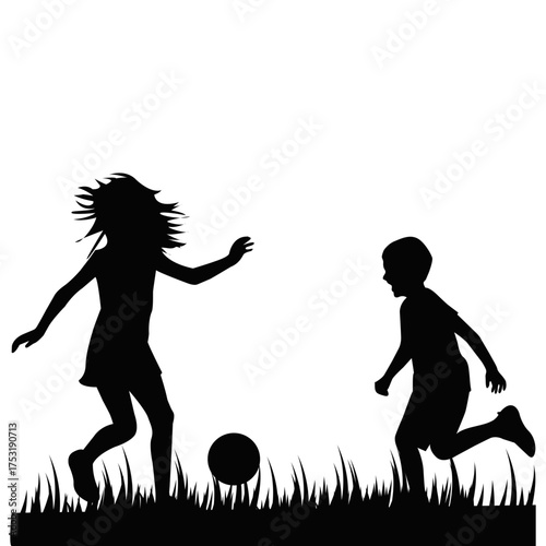 Silhouette of children playing soccer outdoors. Happy kids kicking ball on grass field in summer sunset, childhood fun activity, teamwork and outdoor play illustration