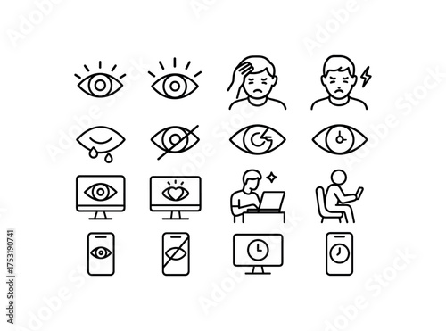 vector icon line eye strain headache and screen time 16 items isolated on white background