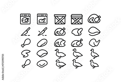 of vector outline icons. outline stroke user interface icons style on clean white background Meat (poultry) oven on oven off crate open crate closed cut active cut inactive chicken whole