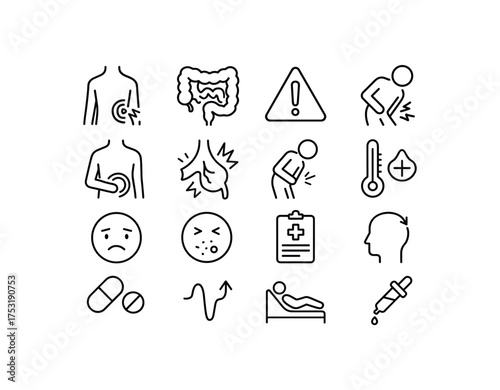 vector icon line appendicitis warning signs 16 items isolated on white background