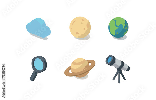 isometric icon items isolated on white background sky moon planets focus tube astronomy