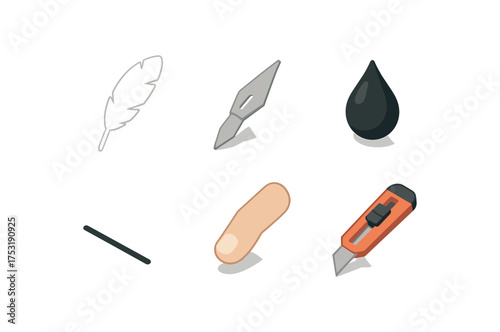 isometric icon items isolated on white background white quill sharpened nib ink drip writing line finger grip trimming knife