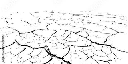 Cracked dry land surface in black and white. Drought soil texture showing environmental dryness, arid landscape, and climate change impact. Perfect for nature, texture, and eco design backgrounds