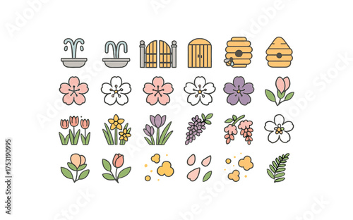 of vector colored flat icons. outline stroke user interface simple colored icons style Spring (blossoms) fountain on fountain off gate open gate closed hive active hive inactive cherry