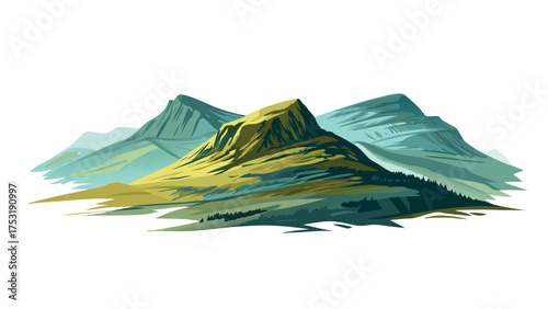 Vector illustration of a snowy mountain landscape with a lake, peak, and sky