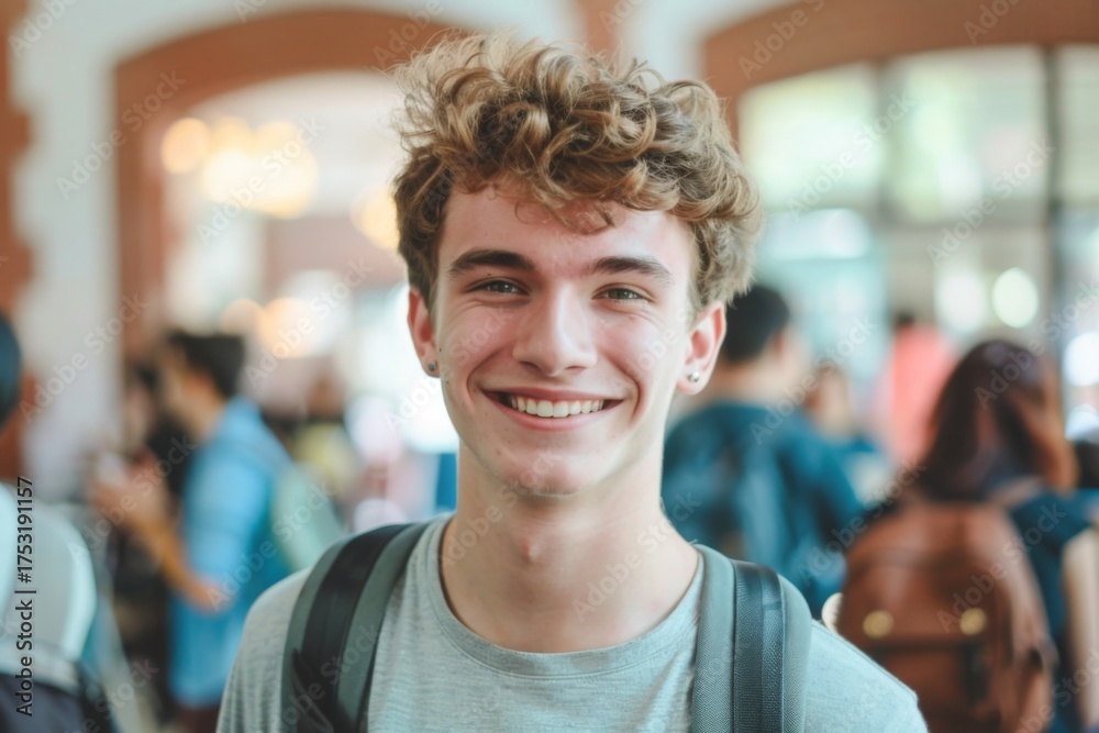 Fototapeta premium Smiling young man in a busy environment
