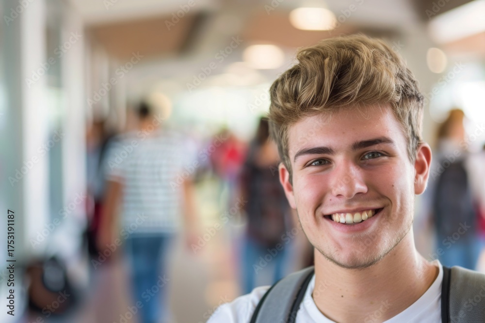 Fototapeta premium Smiling teenage boy in school hallway